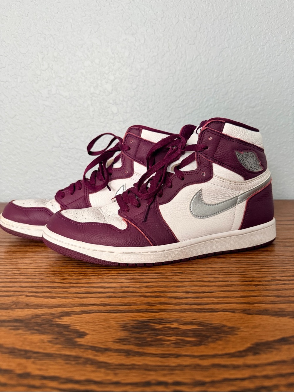 Nike Air Jordan High-Top Sneakers - White and Burgundy with Silver Swoosh